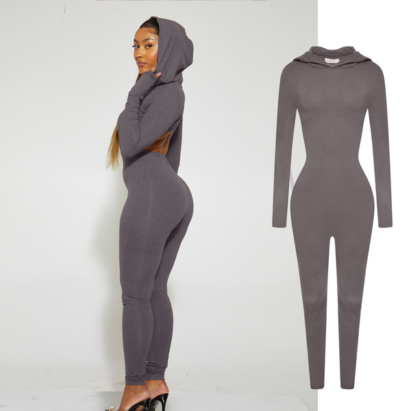 Grey Cut Out Hoodie Jumpsuit