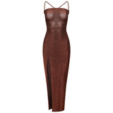 Brown Glittery Slit Backless Maxi