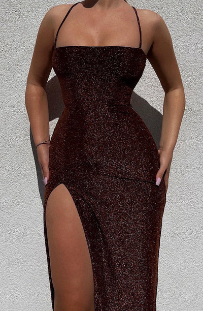 Brown Glittery Slit Backless Maxi