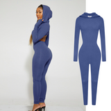 Blue Cut Out Hoodie Jumpsuit