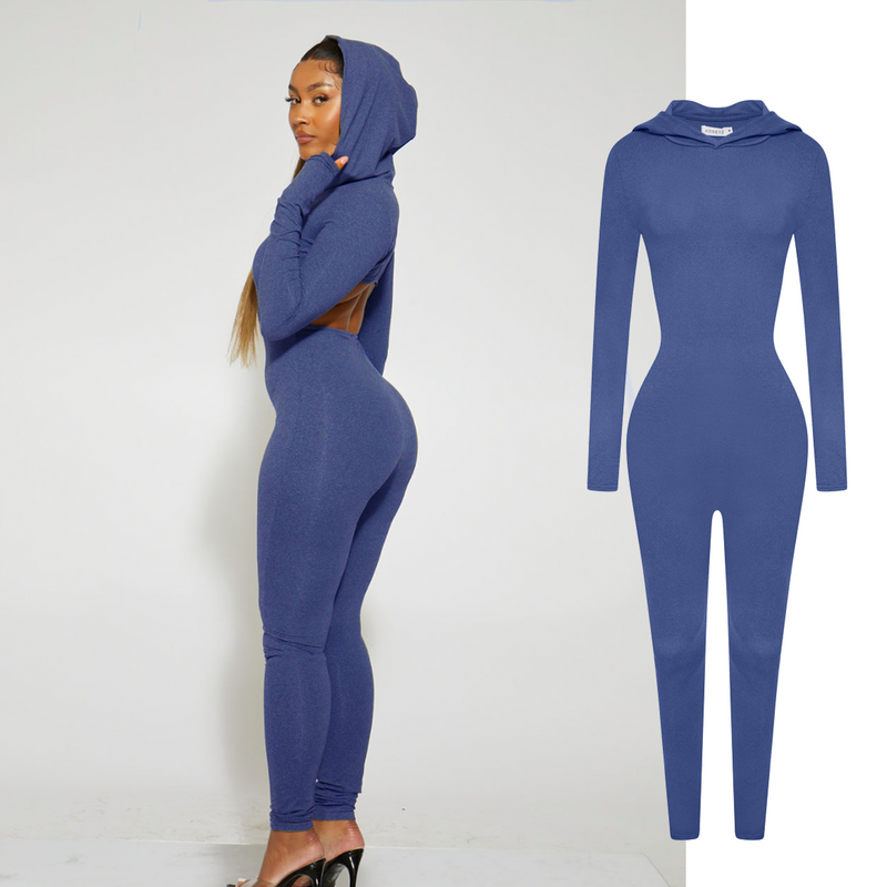 Blue Cut Out Hoodie Jumpsuit