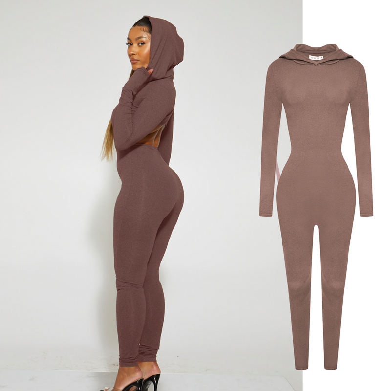 Brown Cut Out Hoodie Jumpsuit