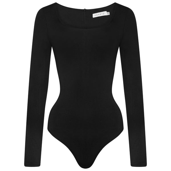Black Contoured Long Sleeved - Thong Bodysuit