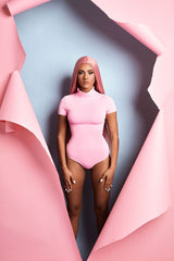Pink Capped Sleeve Thong Bodysuit