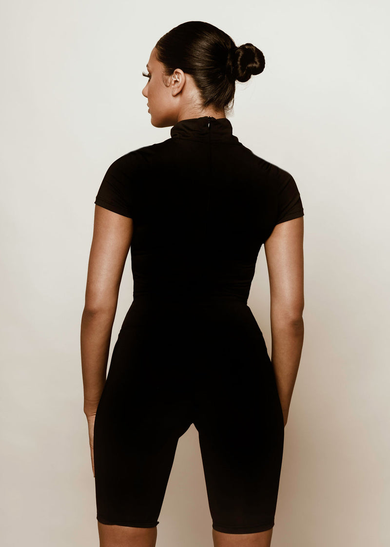 Black Capped Sleeve Thong Bodysuit
