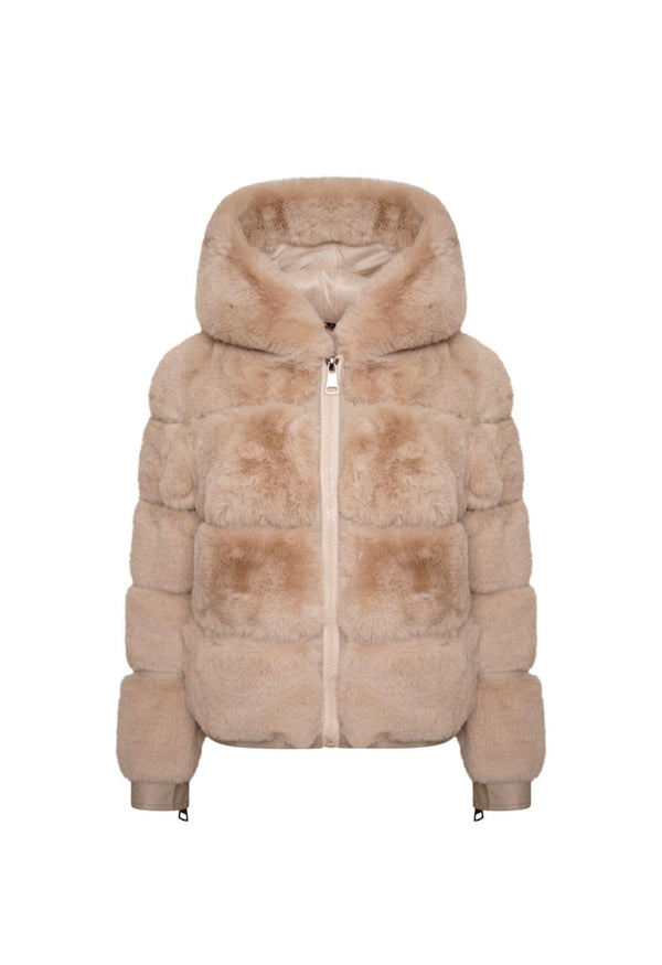 Beige Faux Fur & Leather Zip Hood Jacket
