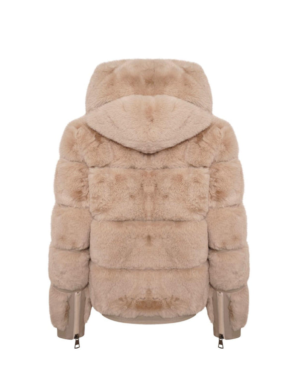 Beige Faux Fur & Leather Zip Hood Jacket