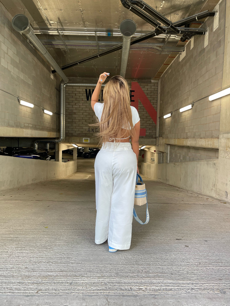 White High Waisted Flare Cargo