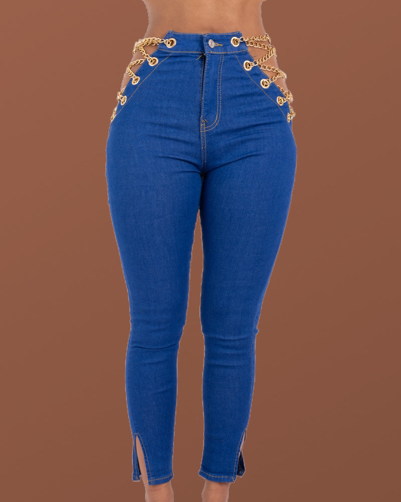 Dark Blue Chain Denim Jeans