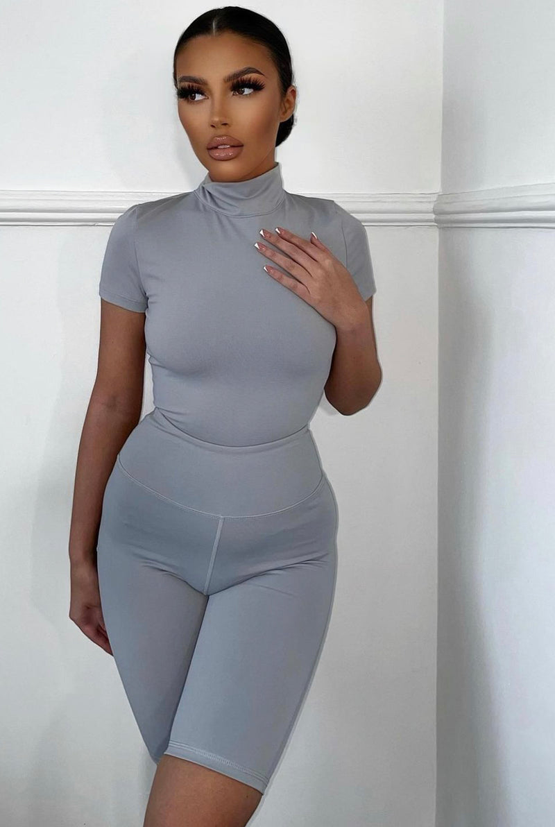 Grey Capped Sleeve Thong Bodysuit