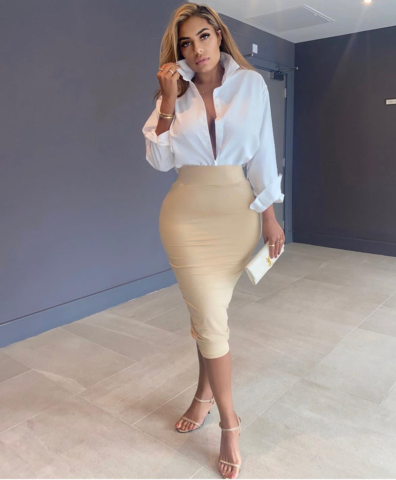 Beige Contoured Midi Maxi Skirt